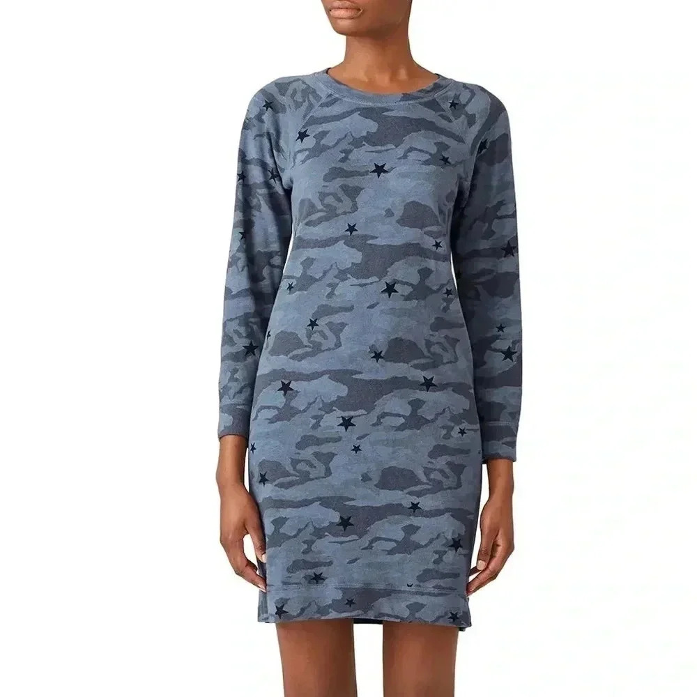 MONROW Blue Camo Stars Sweatshirt Long Sleeve Dress Women’s Size XS